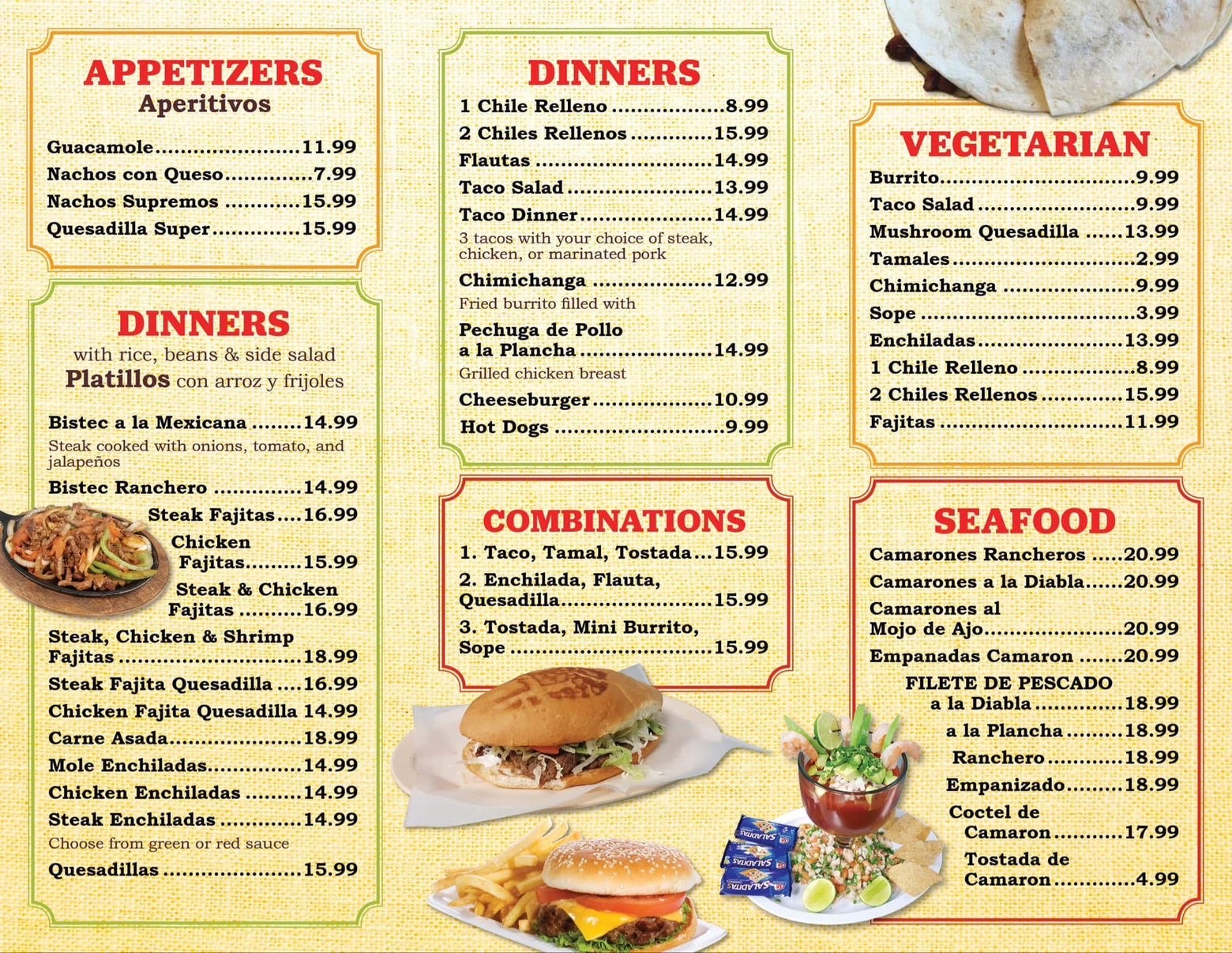Tacos & More menu page 2 — appetizers, dinners, combinations, vegetarian, seafood