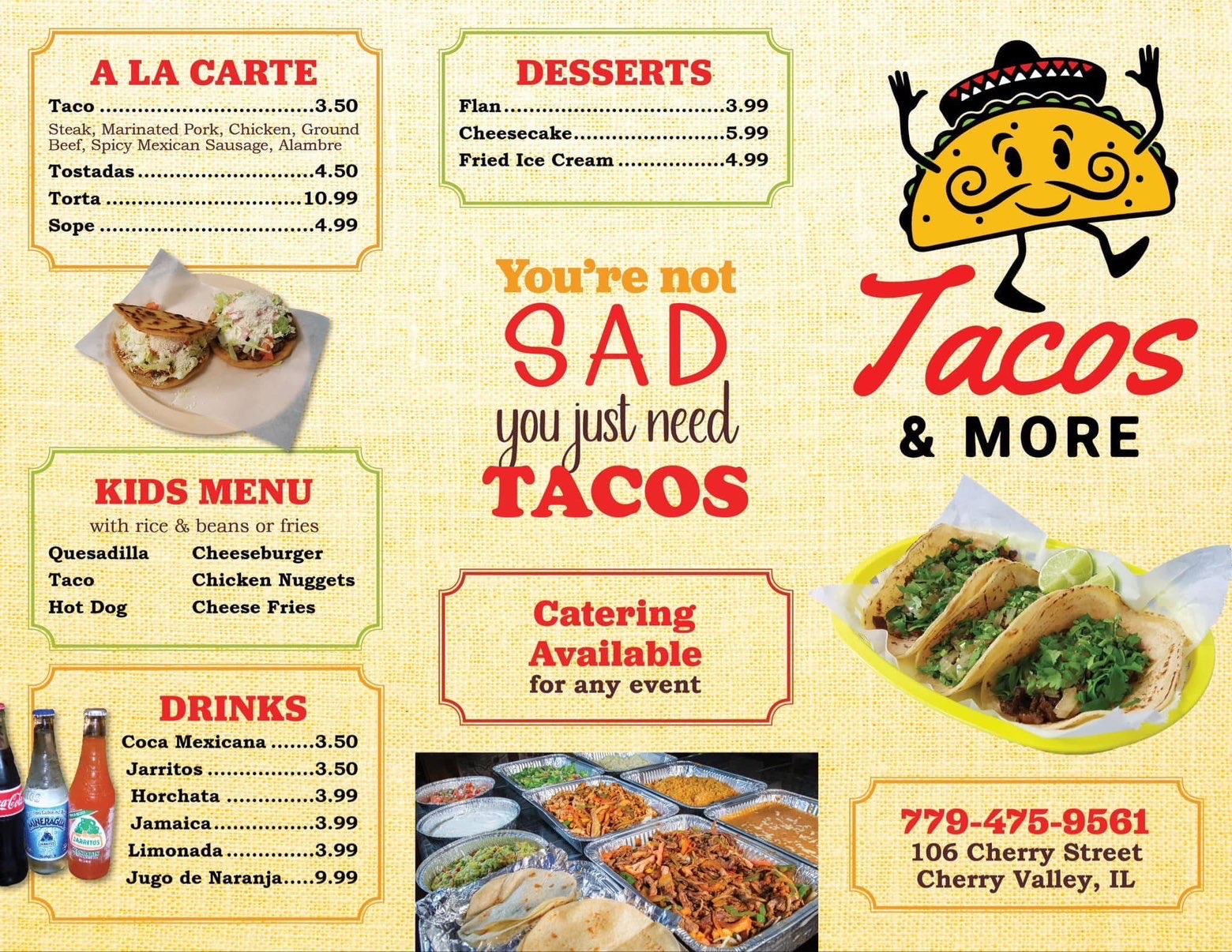 Tacos & More menu page 1 — a la carte, kids menu, drinks, desserts