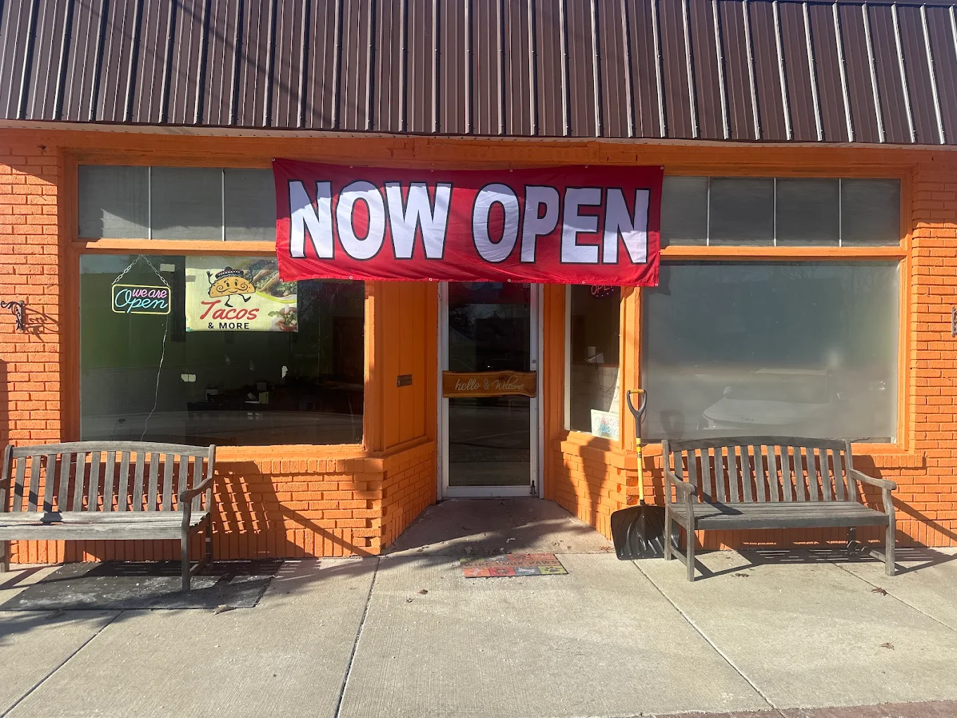 Romeo's Tacos & More storefront with Now Open banner in Cherry Valley, IL